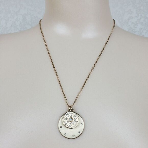Loft Gold Tone Double Pendant Round Circle Crystal Rhinestone Pendant Necklace - Picture 1 of 13